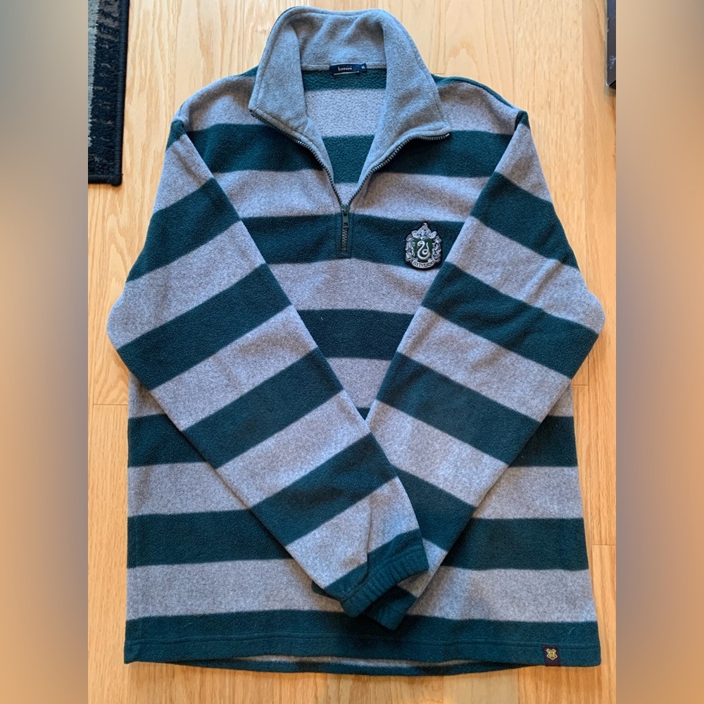 Bossini Gray and Green Striped Zip-Up Pullover Sweater